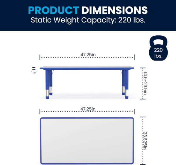 Wren Adjustable Classroom Plastic Activity Table for School,Kids, 23.625" W X 47.25" L, Blue - Image 2