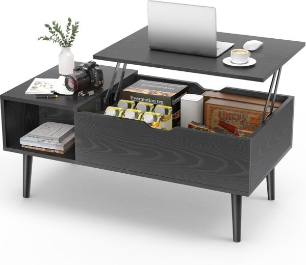 Coffee Table Black, Small Rising Wooden Dining Center Tables with Storage Shelf and Hidden Compartment