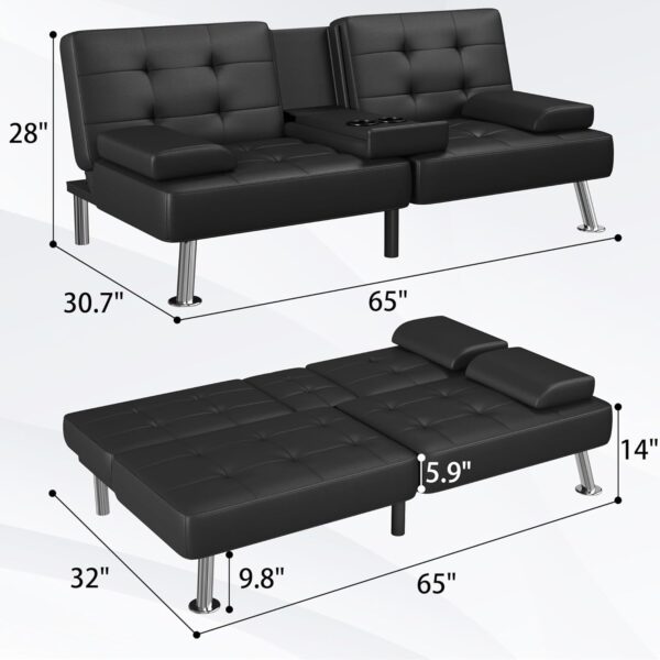 Futon Sofa Bed Modern Folding Futon Set Convertible Recliner Lounge for Living Room with 2 Cup Holders - Image 2