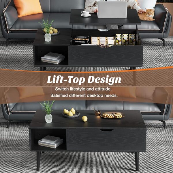 Coffee Table Black, Small Rising Wooden Dining Center Tables with Storage Shelf and Hidden Compartment - Image 5